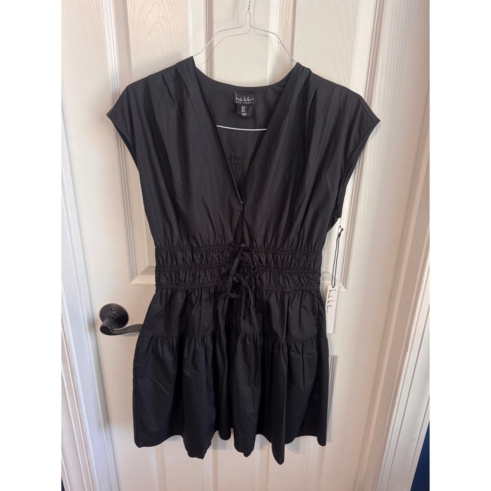 Nicole Miller New York Black Cotton Smocked Waist Tiered Mini Dress Small NWT